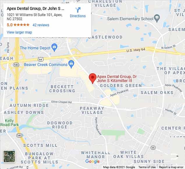 Map to Apex Dental Group, 1021 W. Williams St Suite 101, Apex NC